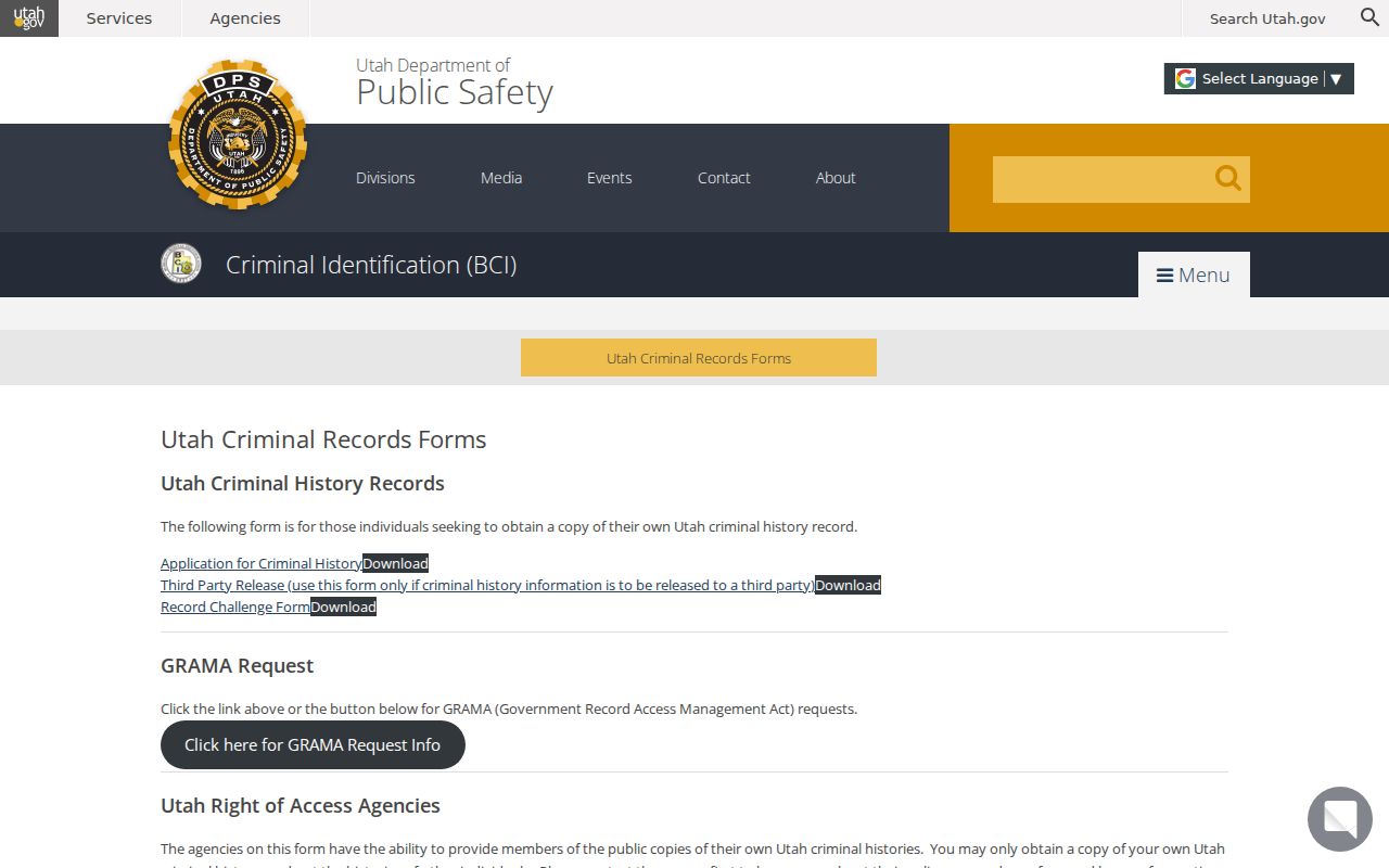 Box Elder County criminal history forms from Utah BCI