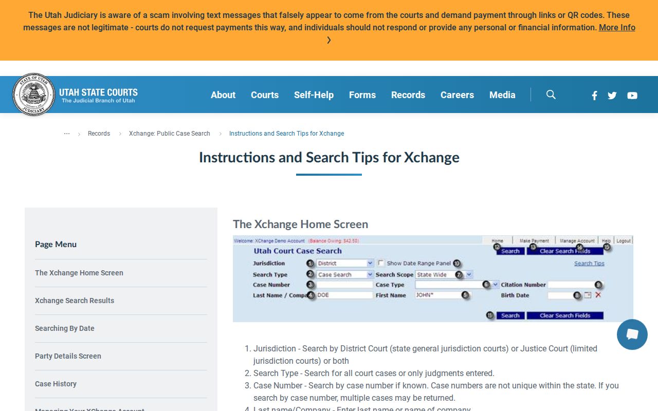 Box Elder County court case lookup fields in Utah Courts Xchange